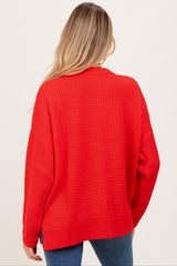 Red Waffle Knit Side Slit Maternity Sweater