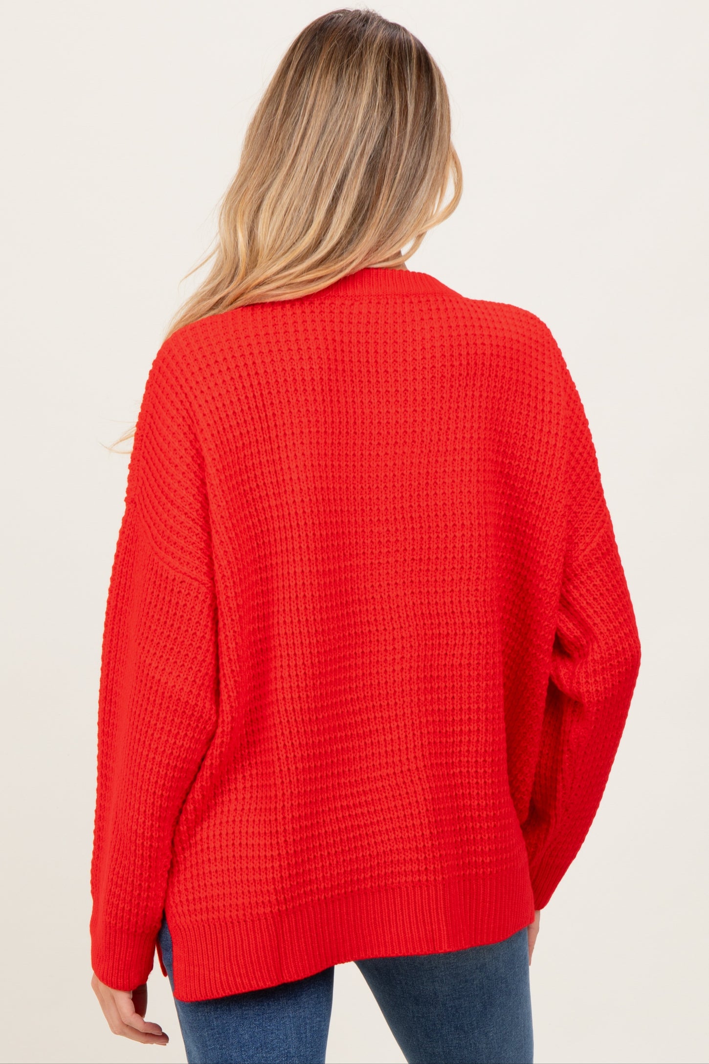 Red Waffle Knit Side Slit Maternity Sweater