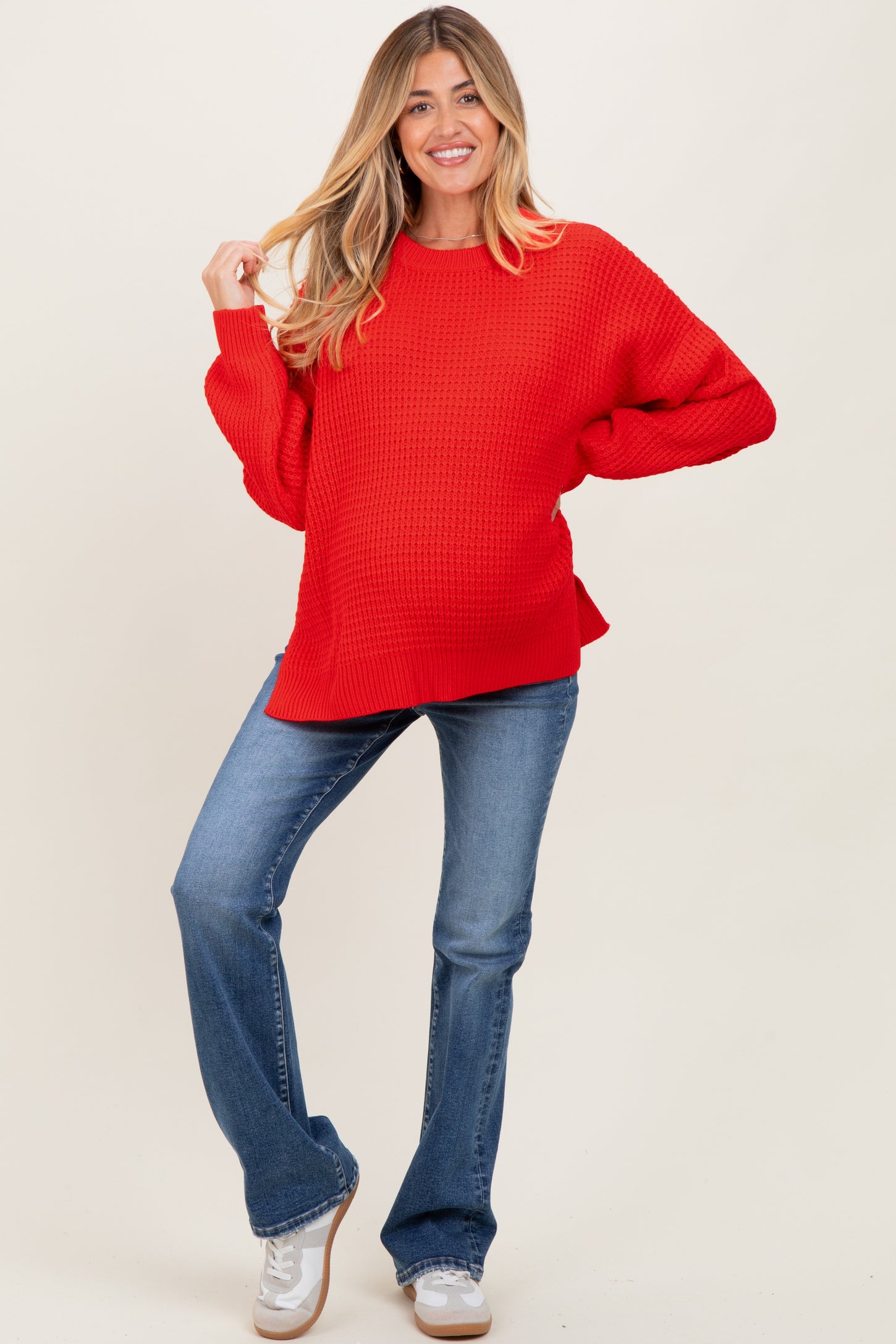 Red Waffle Knit Side Slit Maternity Sweater