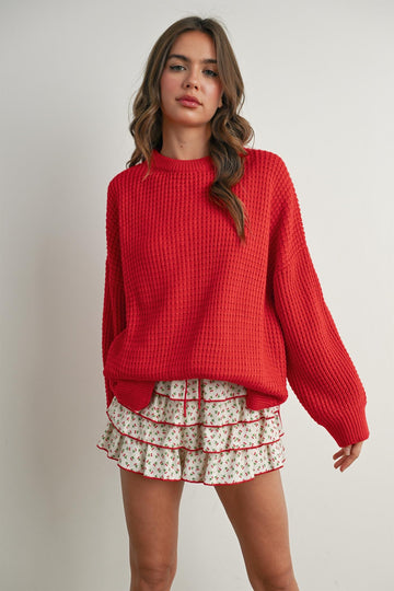 Red Waffle Knit Side Slit Sweater
