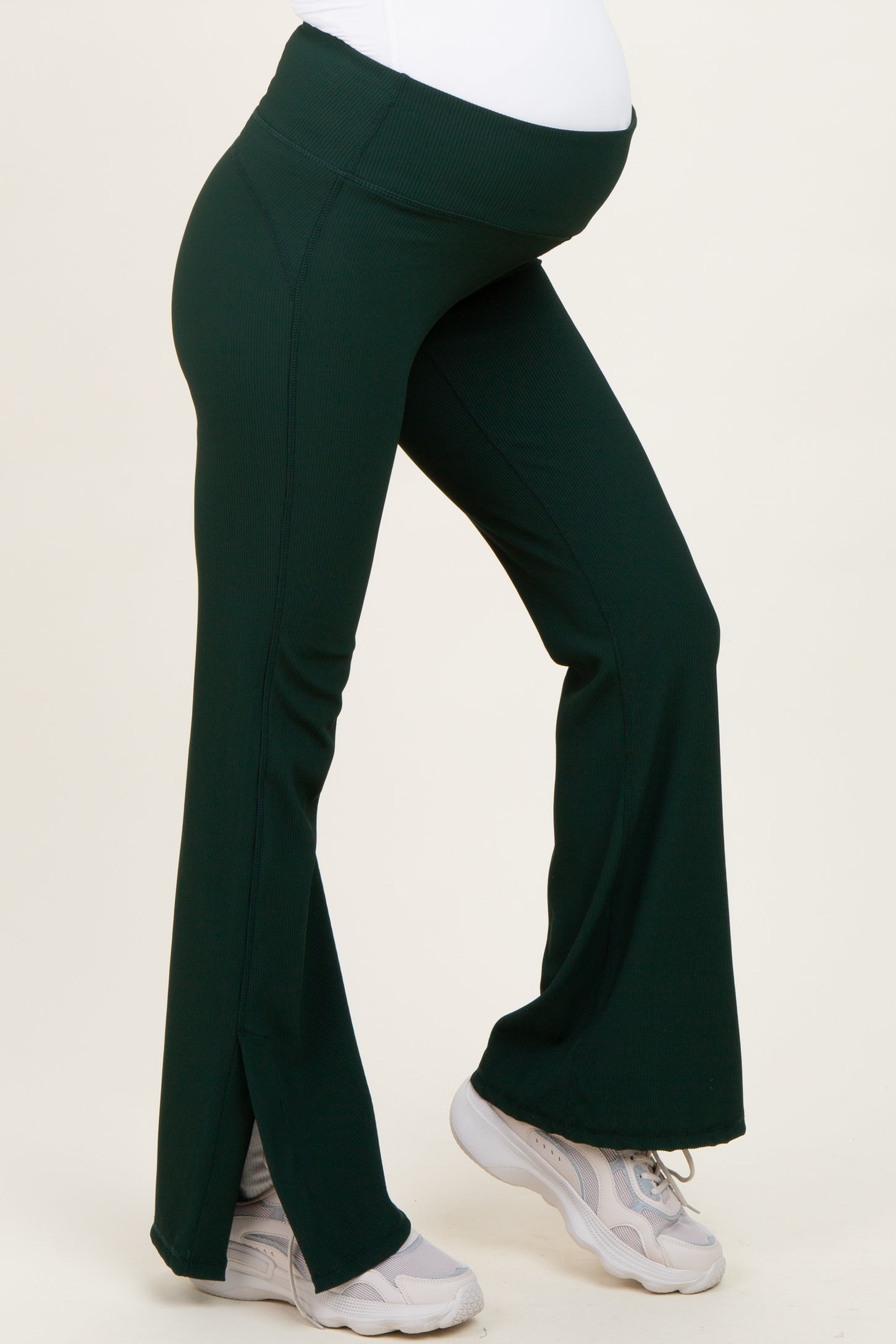 Forest Green Ribbed Split Flare Maternity Leggings