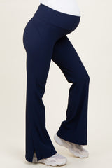 Navy Ribbed Split Flare Maternity Leggings