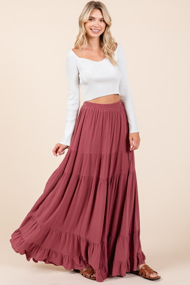 Mauve Tiered Ruffle Hem Maxi Skirt