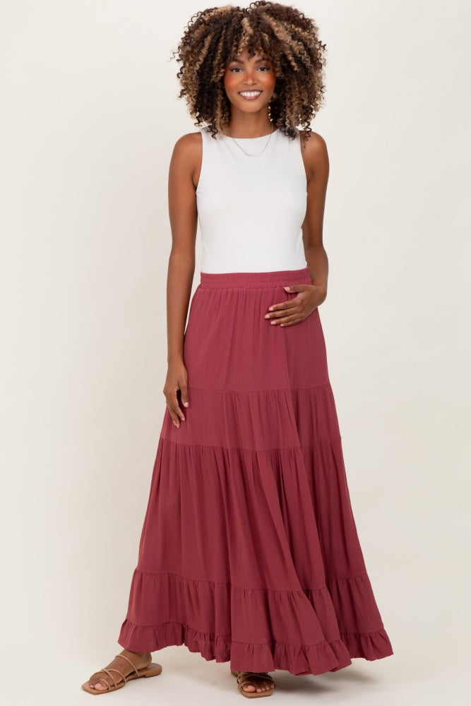 Mauve Tiered Ruffle Hem Maternity Maxi Skirt
