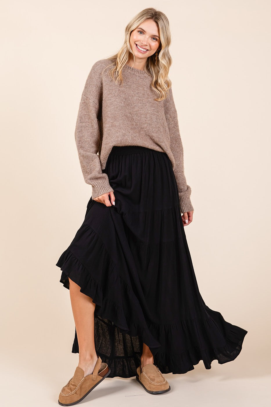 Black Tiered Ruffle Hem Maxi Skirt