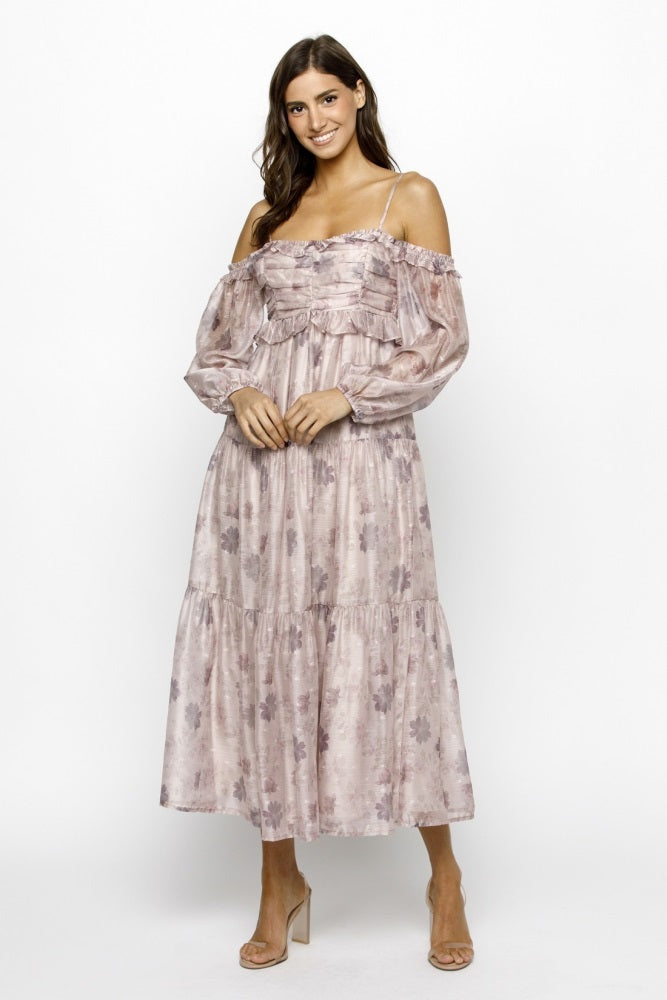 Light Pink Floral Off Shoulder Long Sleeve Tiered Maxi Dress