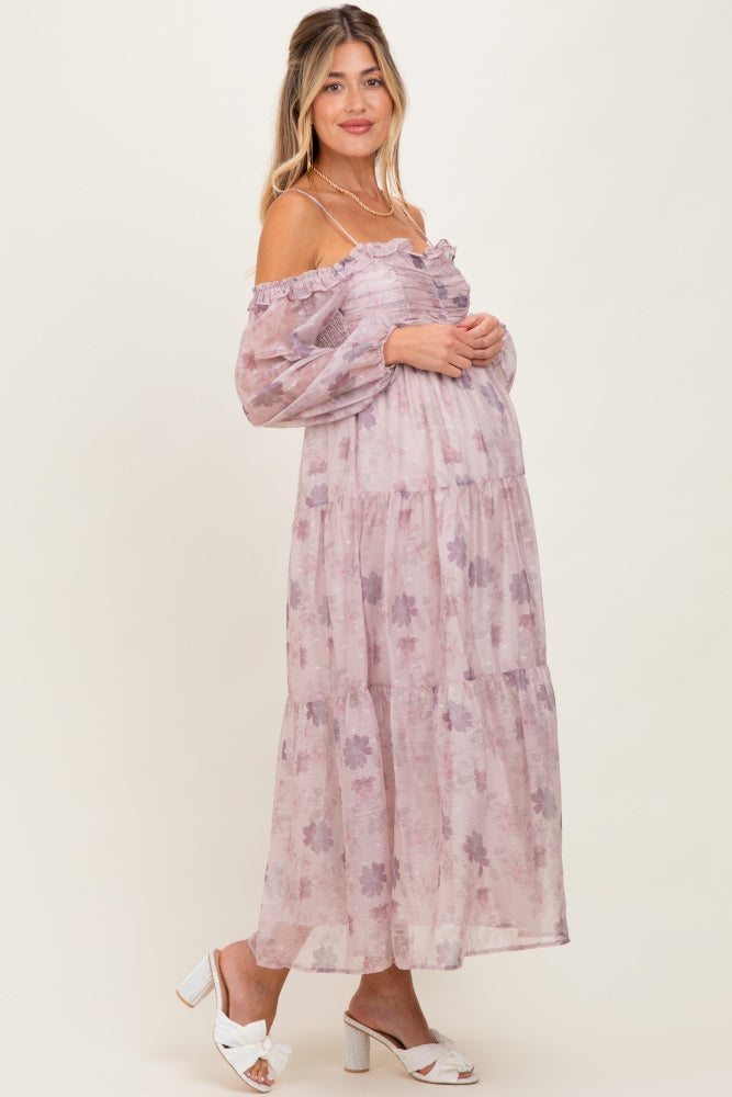 Light Pink Floral Off Shoulder Long Sleeve Tiered Maternity Maxi Dress