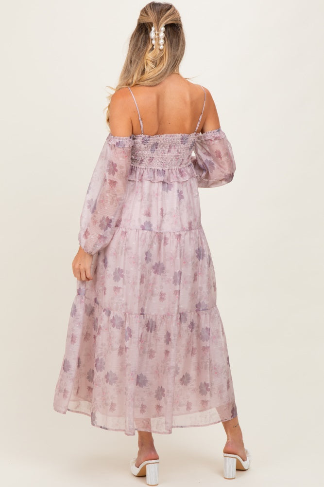 Light Pink Floral Off Shoulder Long Sleeve Tiered Maternity Maxi Dress