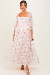 Light Pink Floral Chiffon Long Sleeve Maternity Maxi Dress