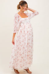 Light Pink Floral Chiffon Long Sleeve Maternity Maxi Dress