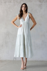 Light Blue V-Neck Shoulder Tie Midi Dress