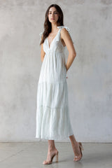 Light Blue V-Neck Shoulder Tie Midi Dress