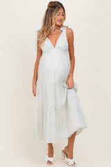 Light Blue V-Neck Shoulder Tie Maternity Midi Dress