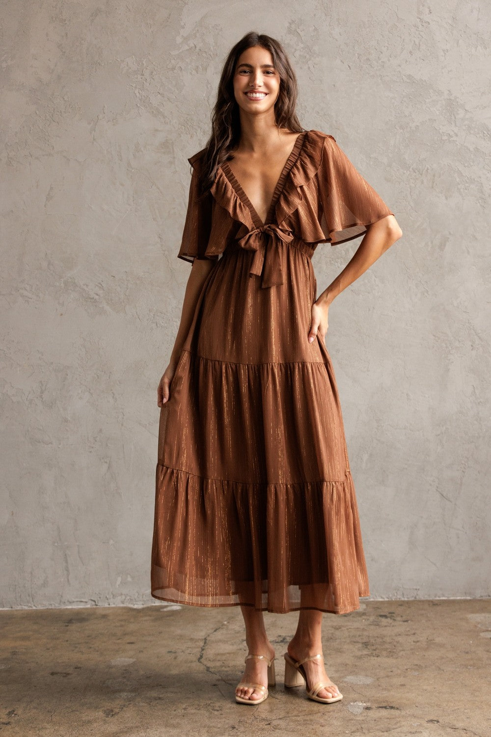Brown Metallic Chiffon Ruffle V-Neck Midi Dress
