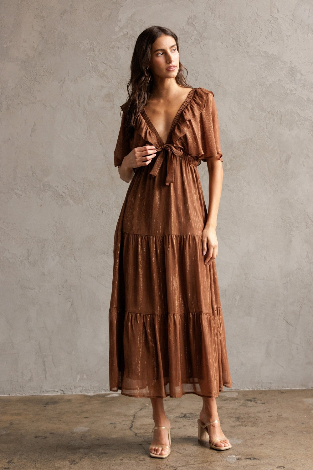 Brown Metallic Chiffon Ruffle V-Neck Midi Dress