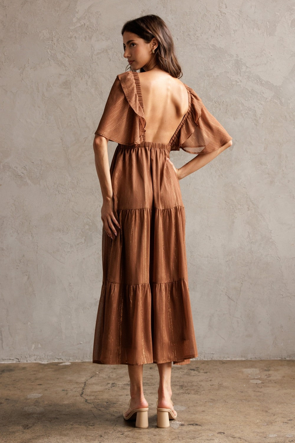 Brown Metallic Chiffon Ruffle V-Neck Midi Dress