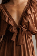 Brown Metallic Chiffon Ruffle V-Neck Midi Dress