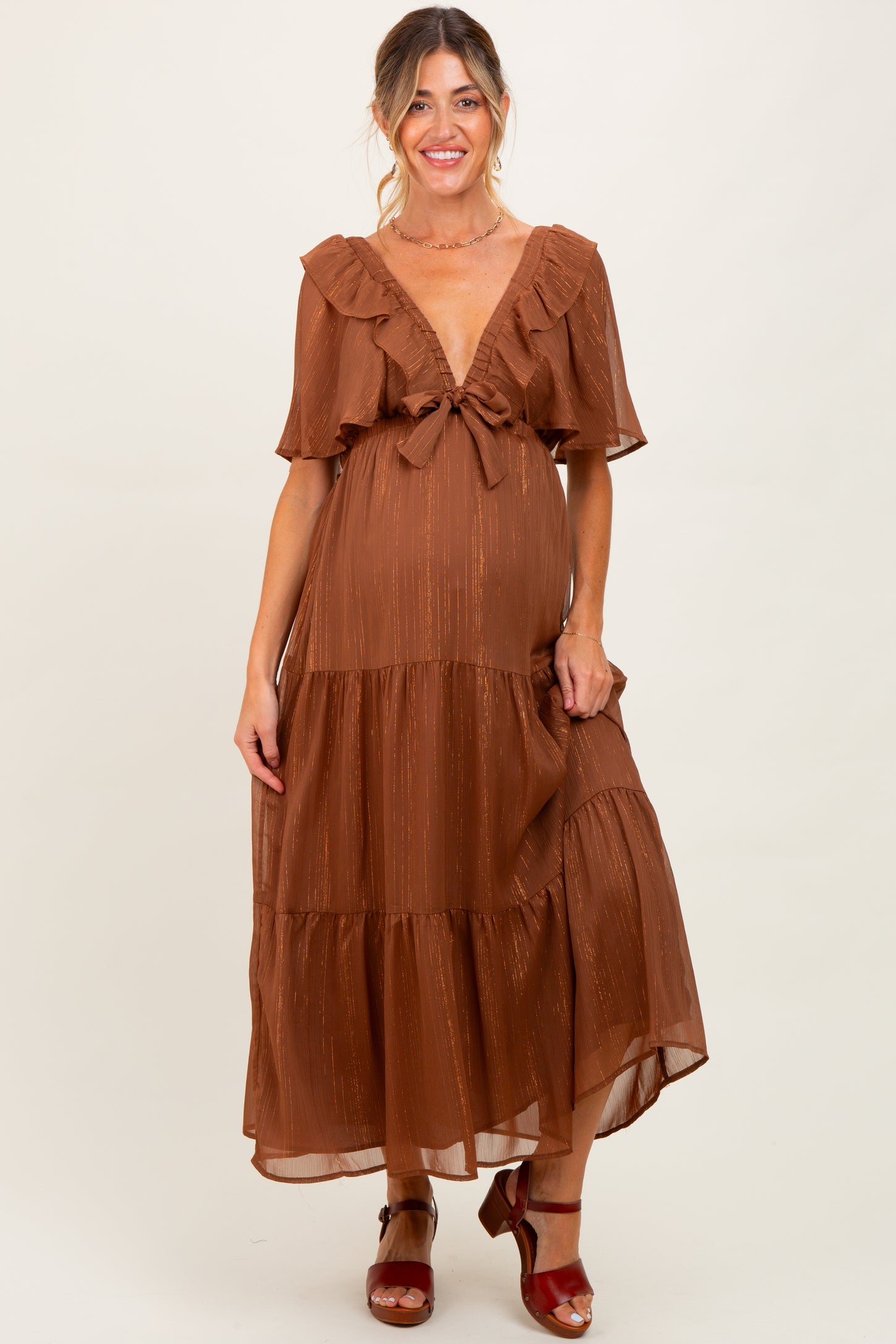 Brown Metallic Chiffon Ruffle V-Neck Maternity Midi Dress
