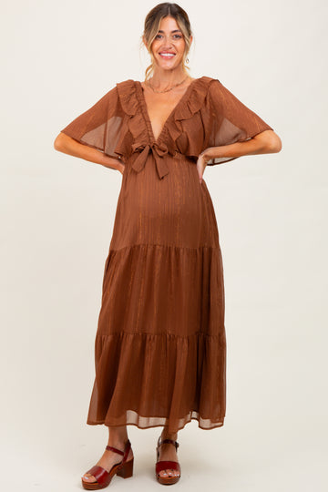 Brown Metallic Chiffon Ruffle V-Neck Maternity Midi Dress