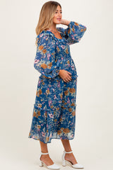 Navy Floral Chiffon Smocked Ruffle Tiered Maternity Midi Dress