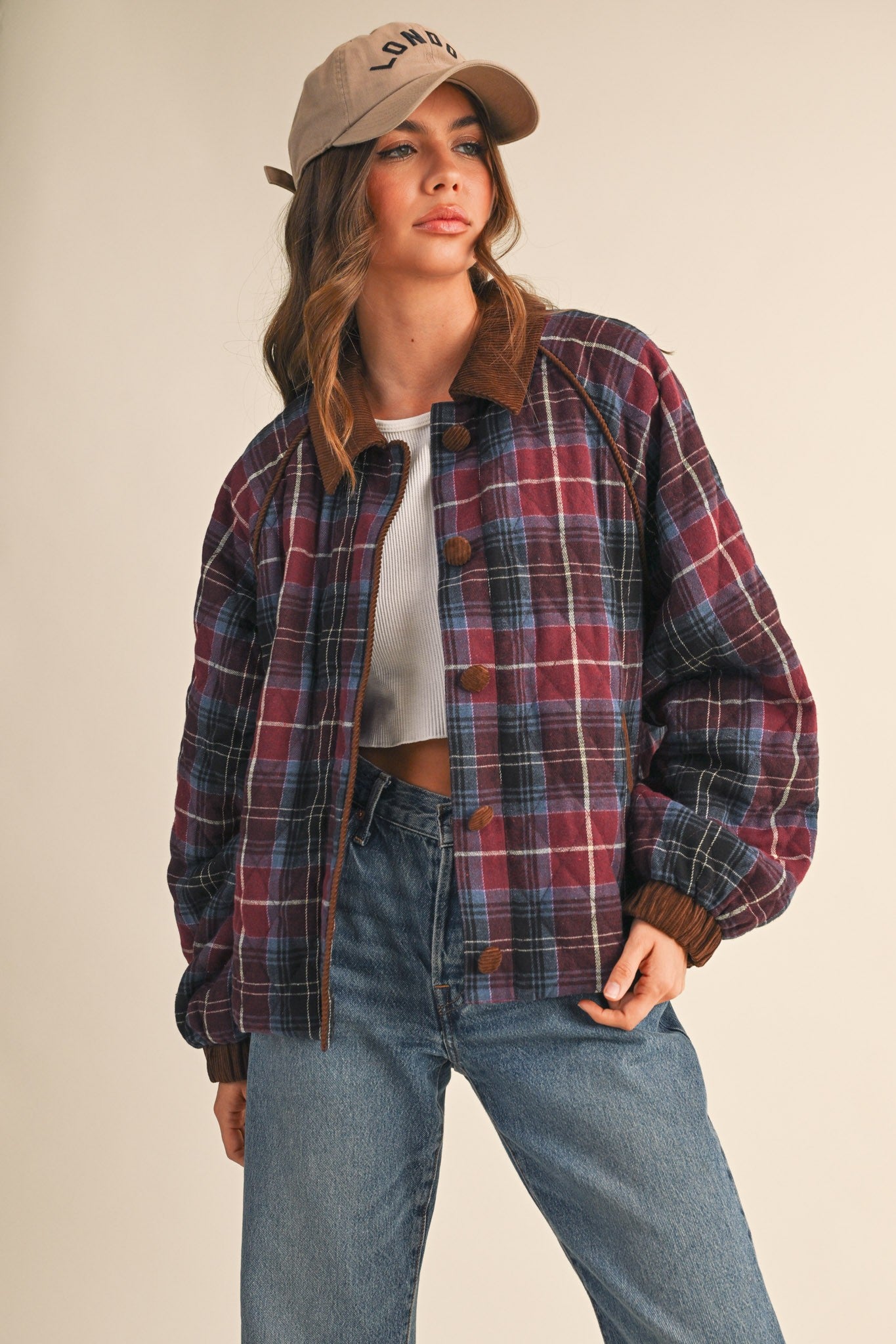 Plum Plaid Quilted Corduroy Contrast Jacket
