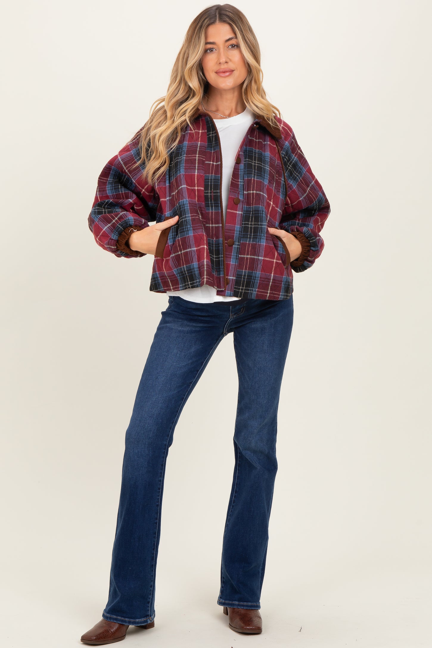 Plum Plaid Quilted Corduroy Contrast Maternity Jacket