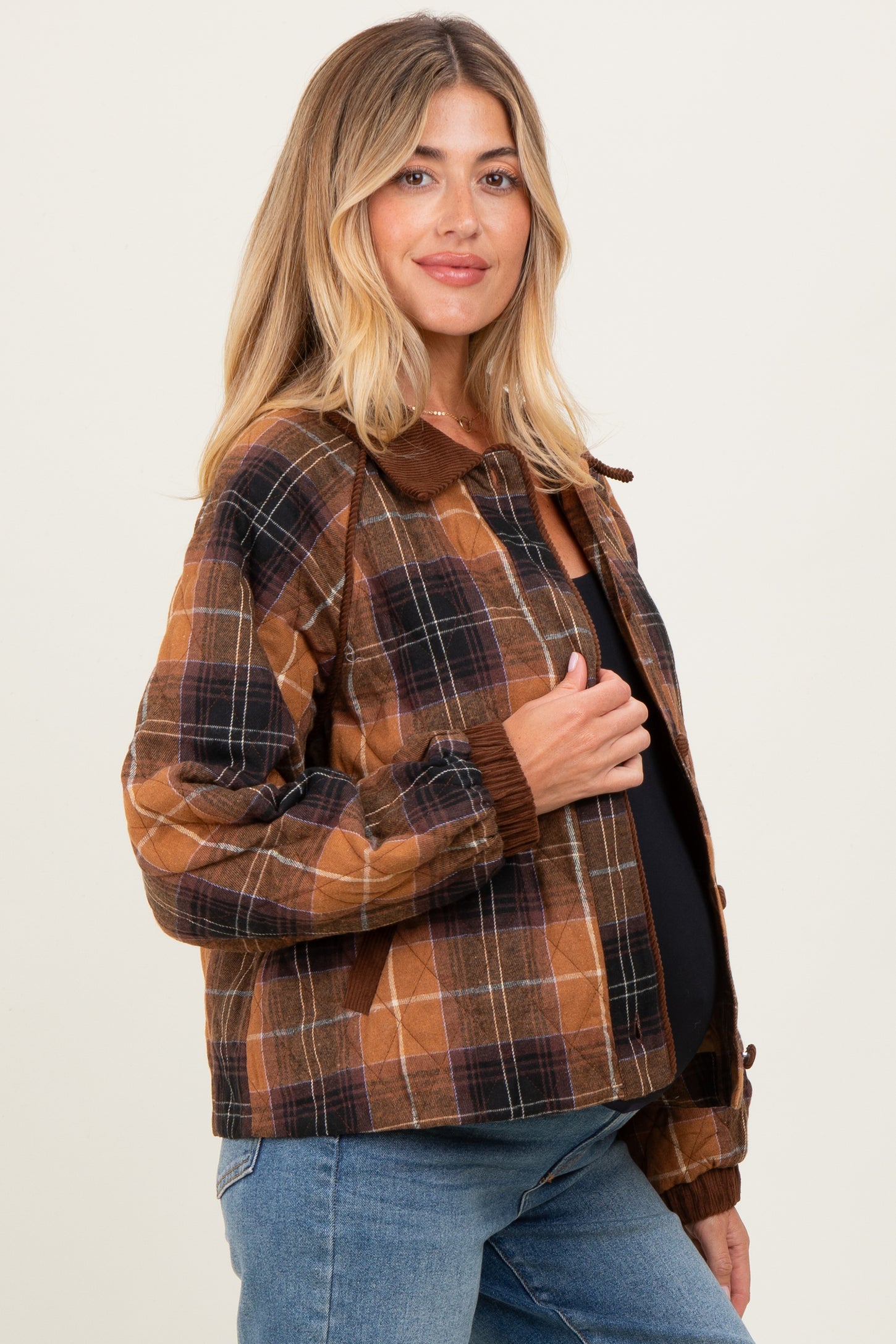 Brown Plaid Quilted Corduroy Contrast Maternity Jacket