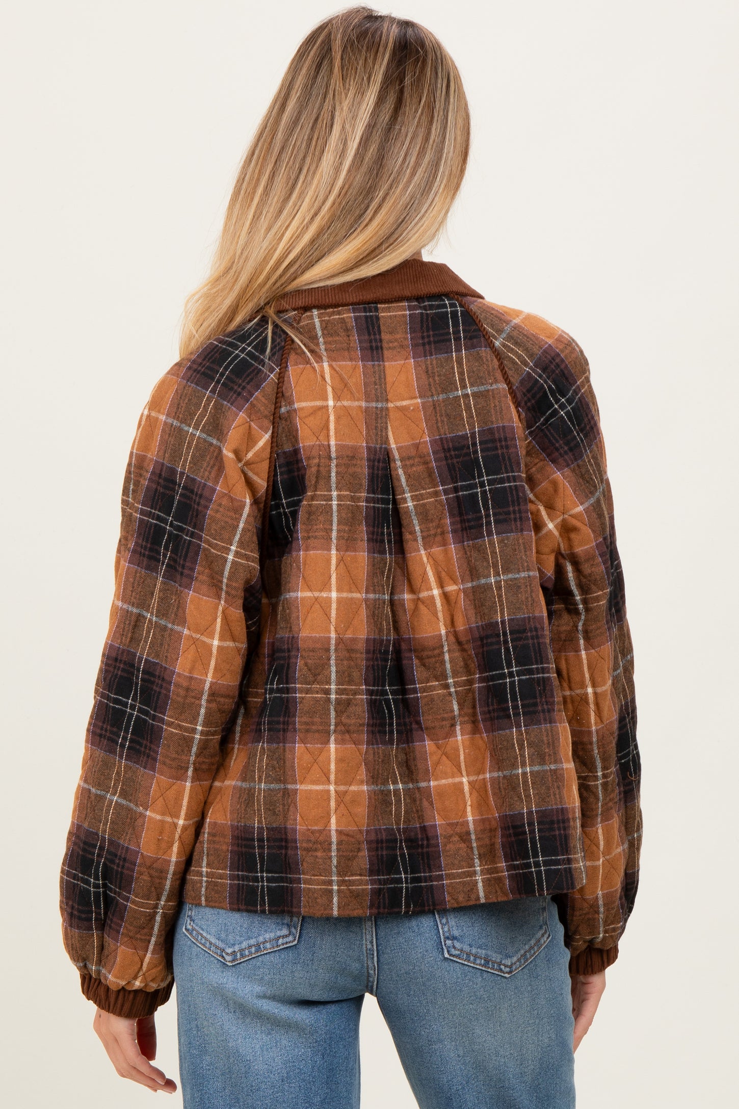 Brown Plaid Quilted Corduroy Contrast Maternity Jacket