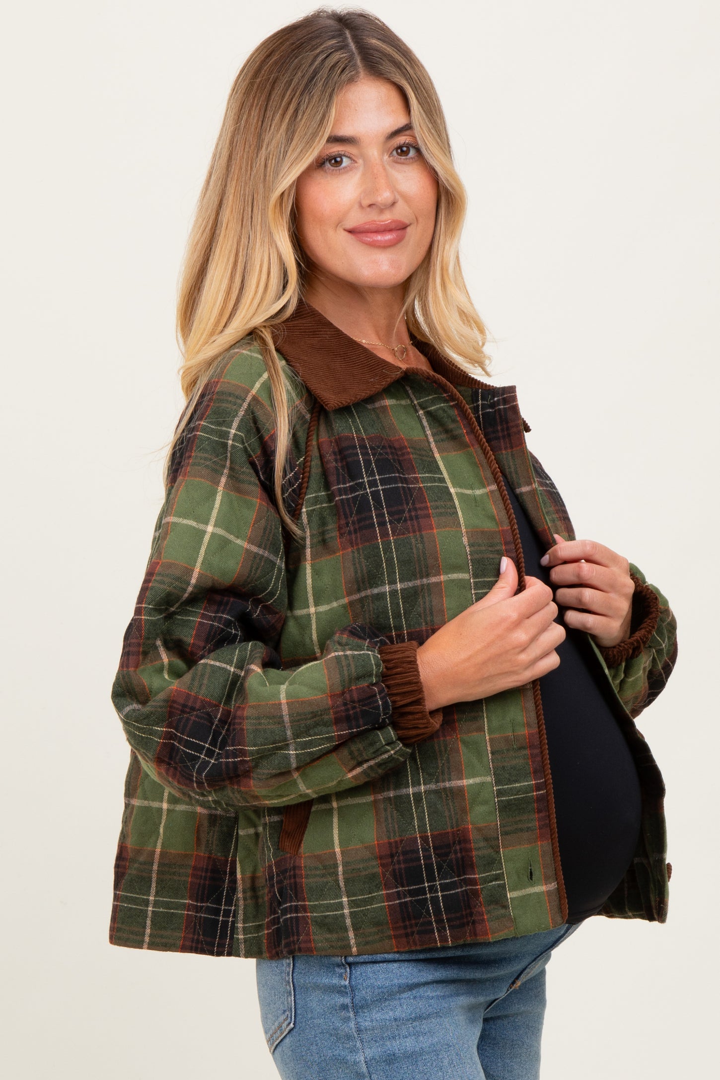 Olive Plaid Quilted Corduroy Contrast Maternity Jacket