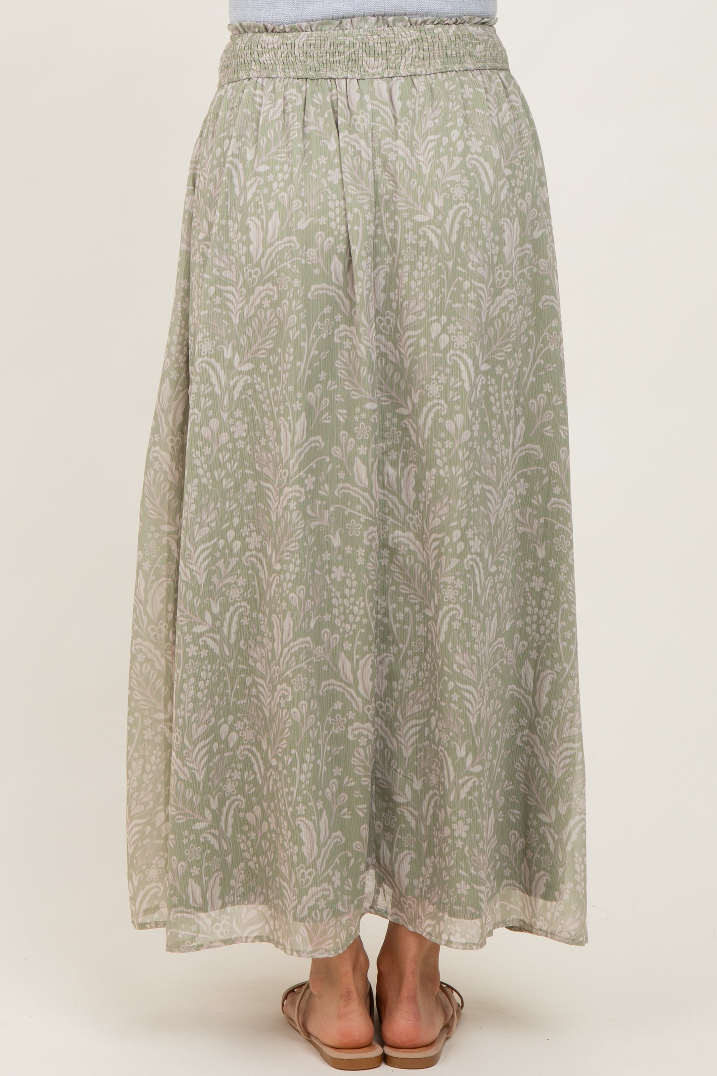 Light Olive Floral Chiffon Button Detail Maxi Skirt