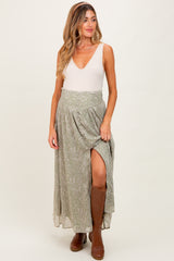 Light Olive Floral Chiffon Button Detail Maternity Maxi Skirt