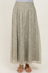 Light Olive Floral Chiffon Button Detail Maxi Skirt