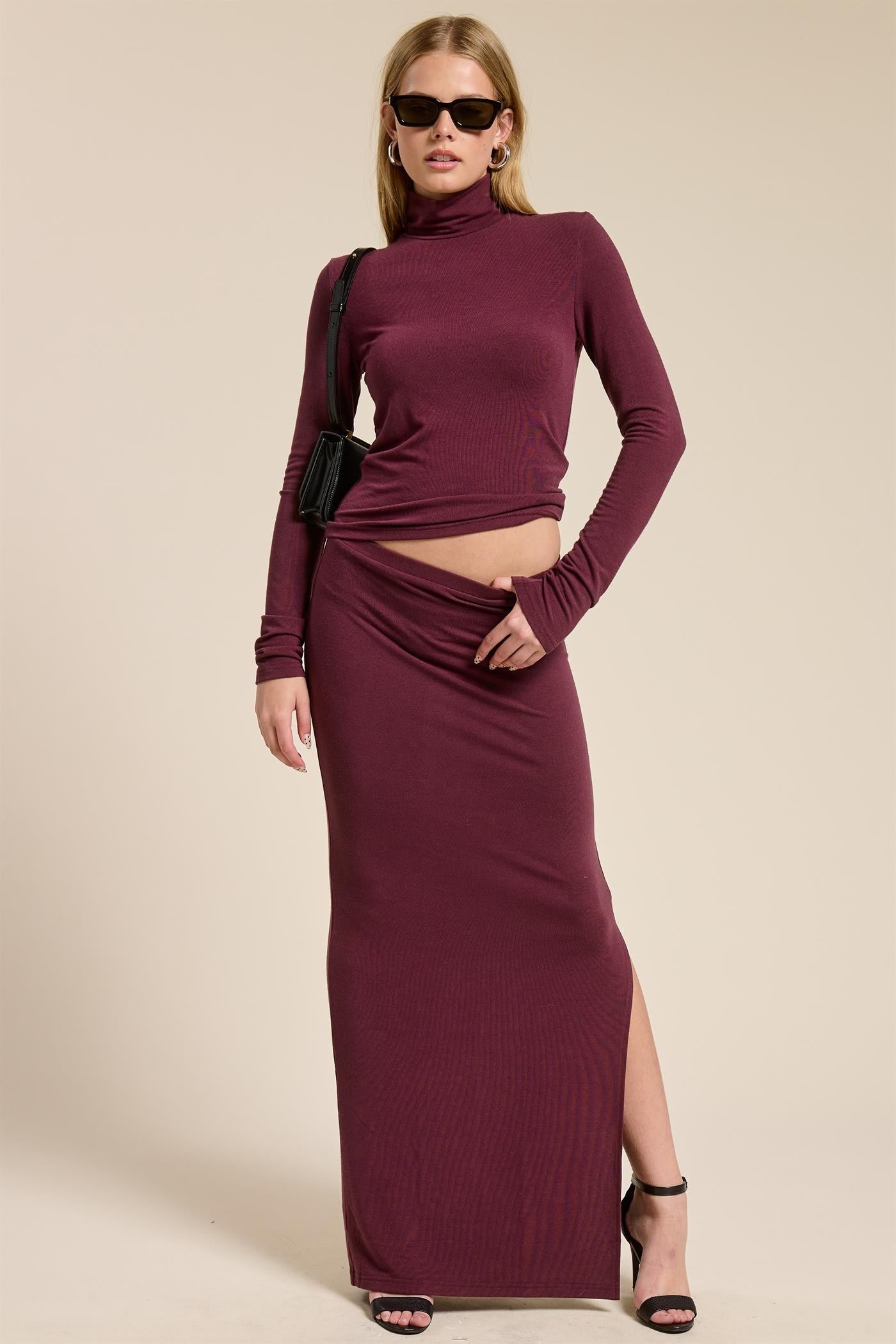Burgundy Turtleneck Top Maxi Skirt Maternity Set
