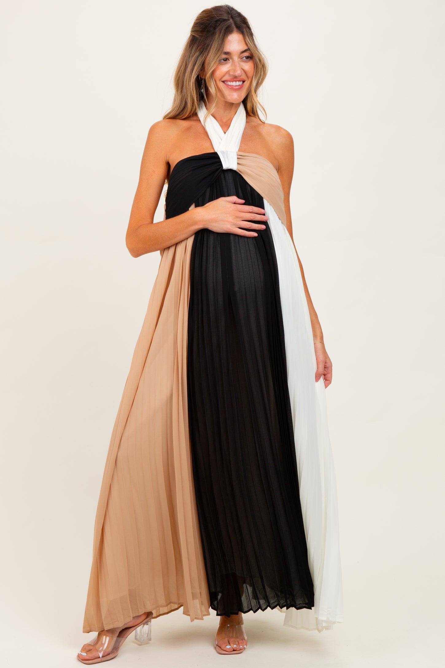 Taupe Colorblock Pleated Halter Neck Maternity Maxi Dress