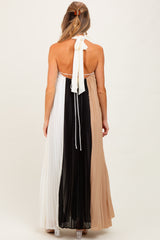 Taupe Colorblock Pleated Halter Neck Maternity Maxi Dress