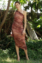 Rust Floral Ruched Rosette One-Shoulder Maternity Midi Dress