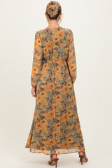 Light Olive Floral V-Neck Long Sleeve Maternity Midi Dress