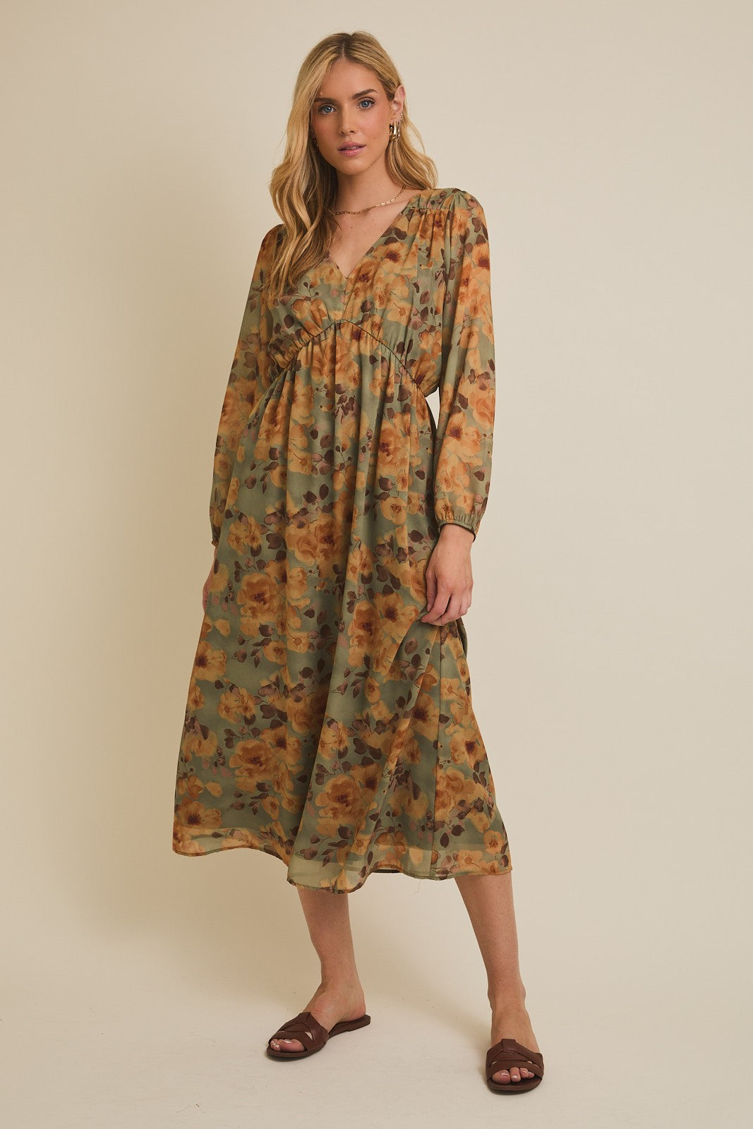 Light Olive Floral V-Neck Long Sleeve Midi Dress