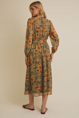 Light Olive Floral V-Neck Long Sleeve Midi Dress