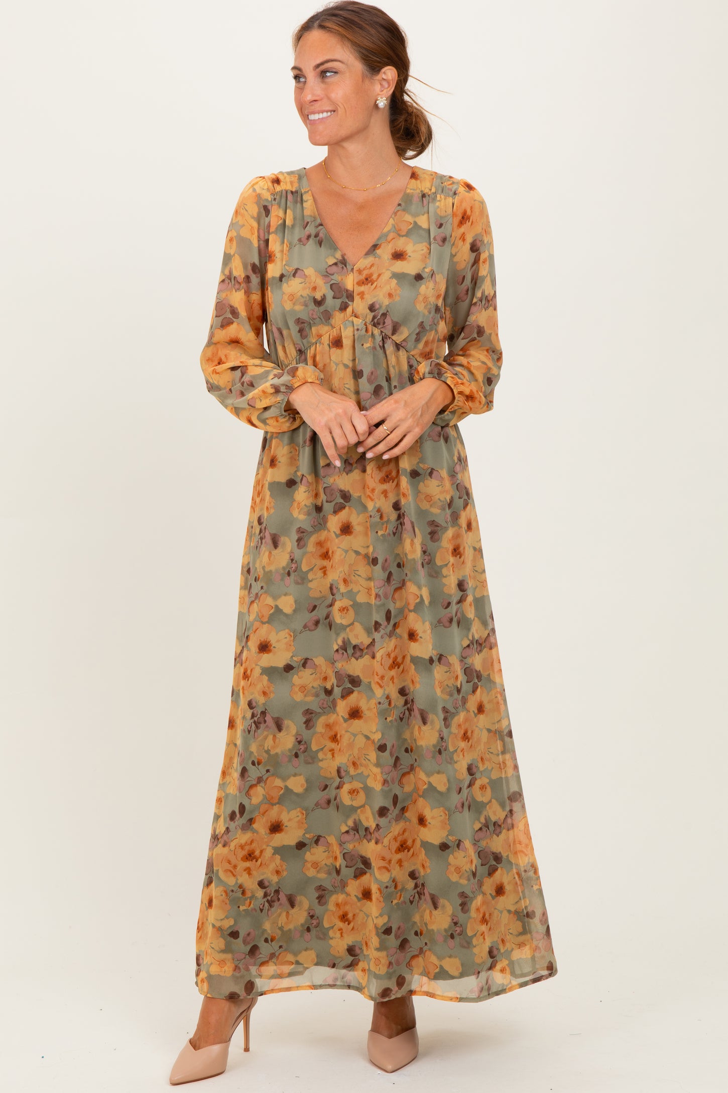 Light Olive Floral V-Neck Long Sleeve Midi Dress