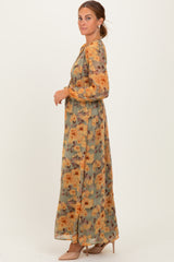 Light Olive Floral V-Neck Long Sleeve Midi Dress