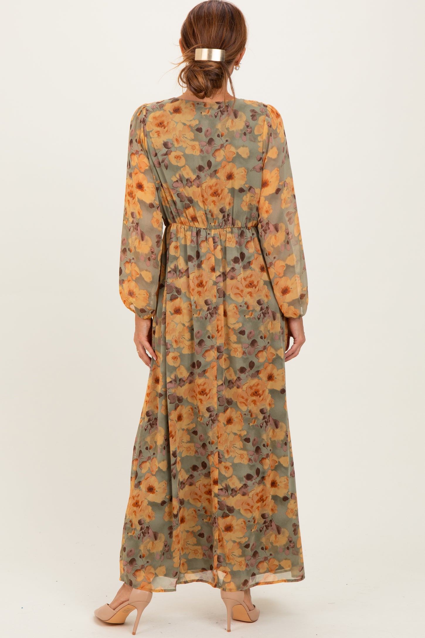 Light Olive Floral V-Neck Long Sleeve Midi Dress