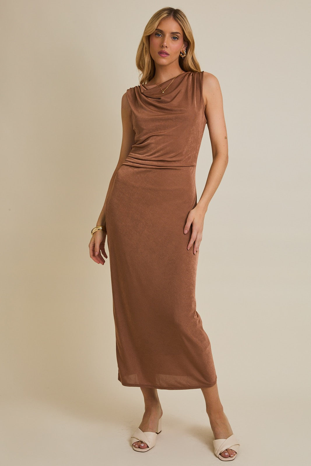 Mocha Draped Neck Sleeveless Midi Dress