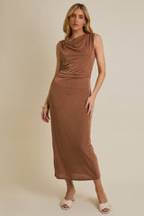 Mocha Draped Neck Sleeveless Midi Dress
