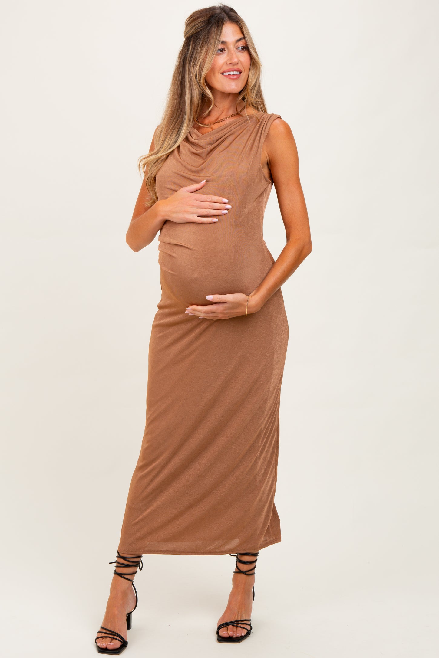 Mocha Draped Neck Sleeveless Maternity Midi Dress