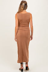 Mocha Draped Neck Sleeveless Maternity Midi Dress