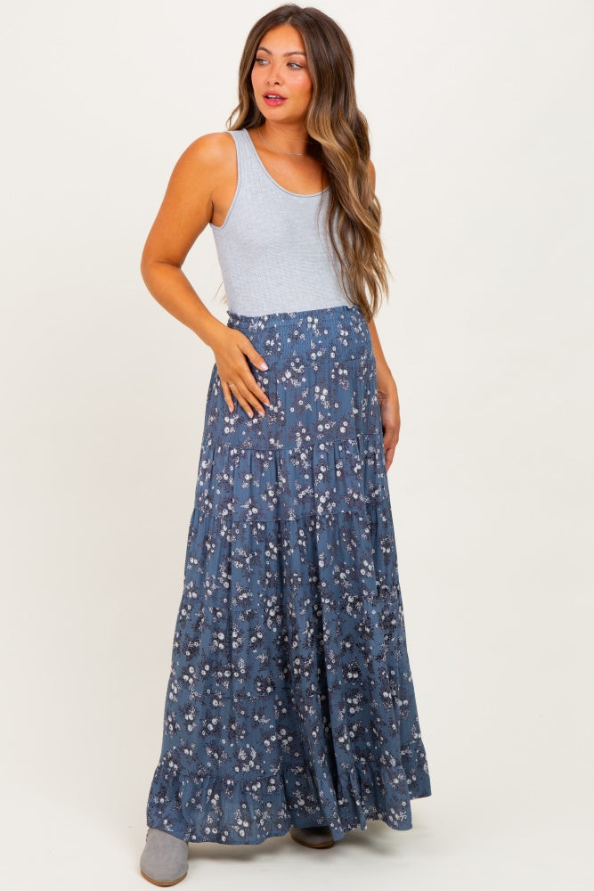 Blue Floral Smocked Waist Tiered Maternity Maxi Skirt