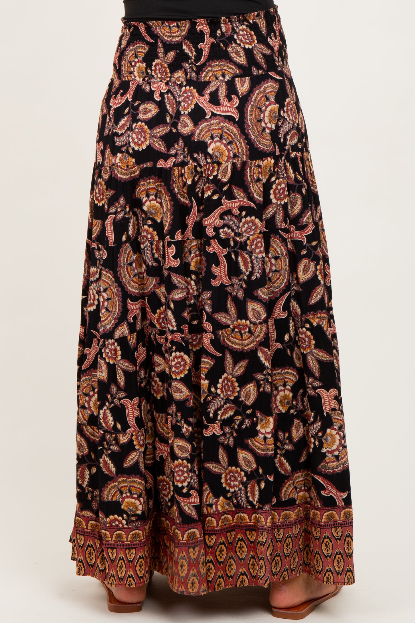Black Paisley Smocked Waist Tiered Maternity Maxi Skirt