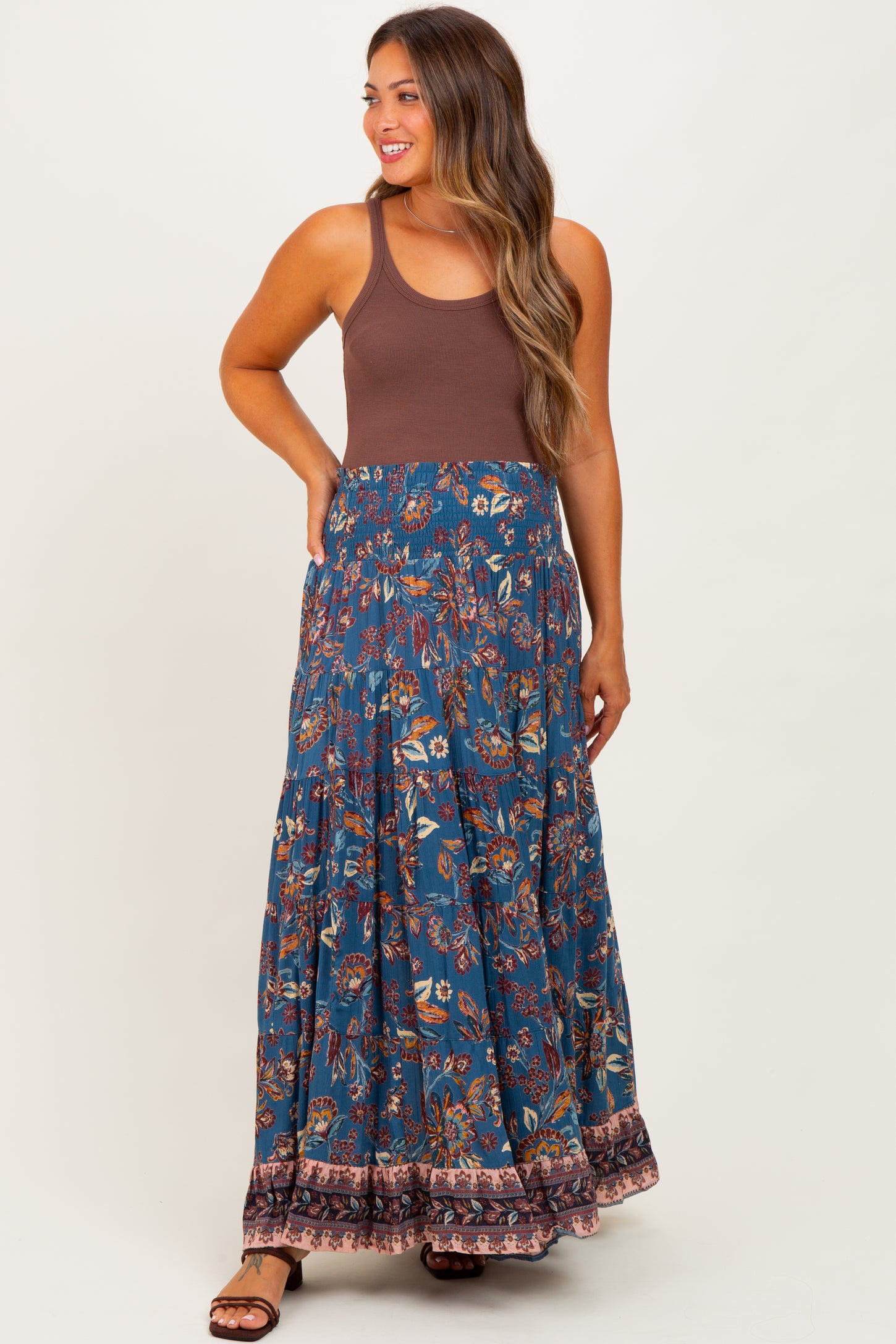 Dark Teal Smocked Waist Tiered Maternity Maxi Skirt