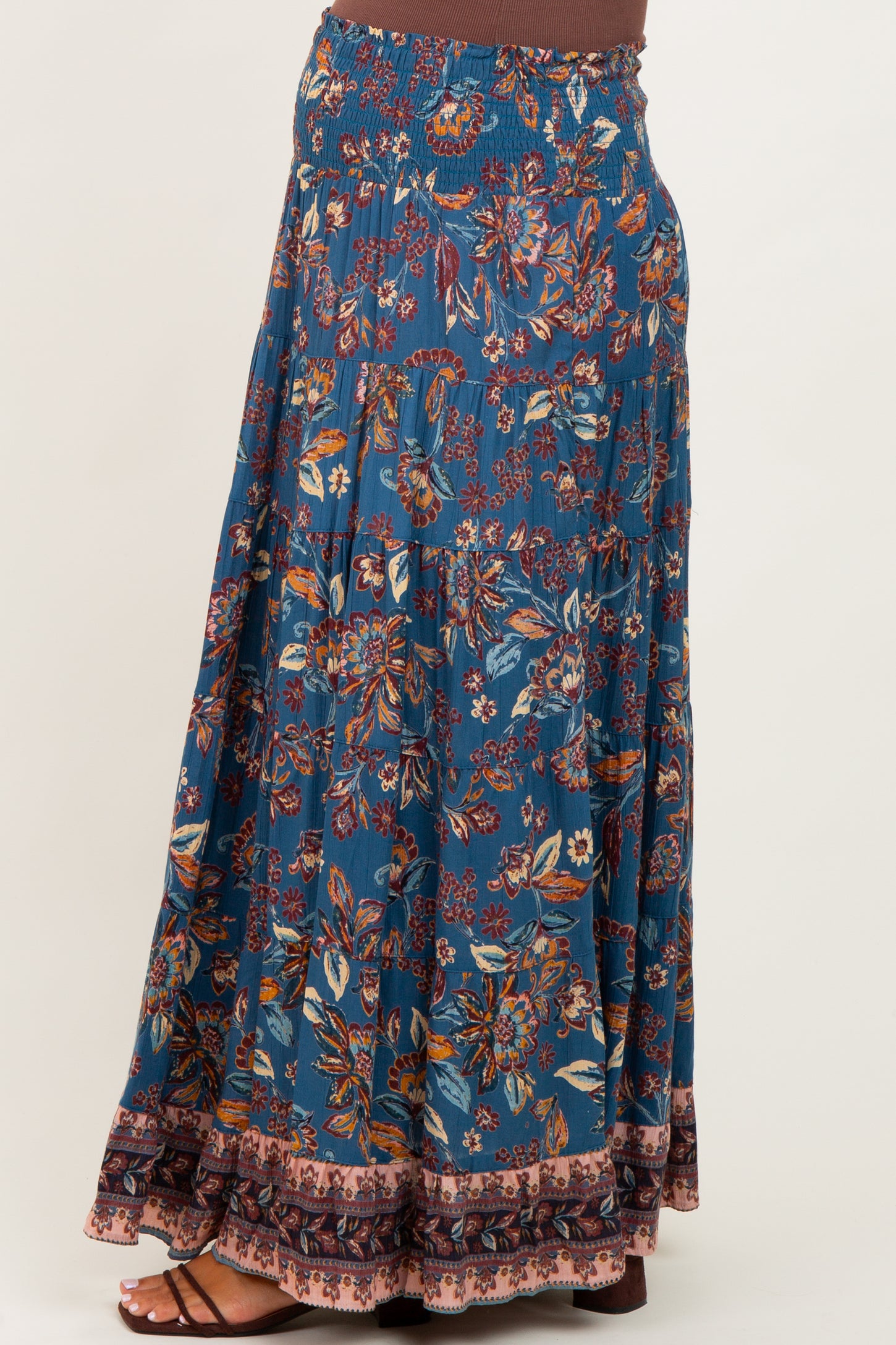 Dark Teal Smocked Waist Tiered Maternity Maxi Skirt